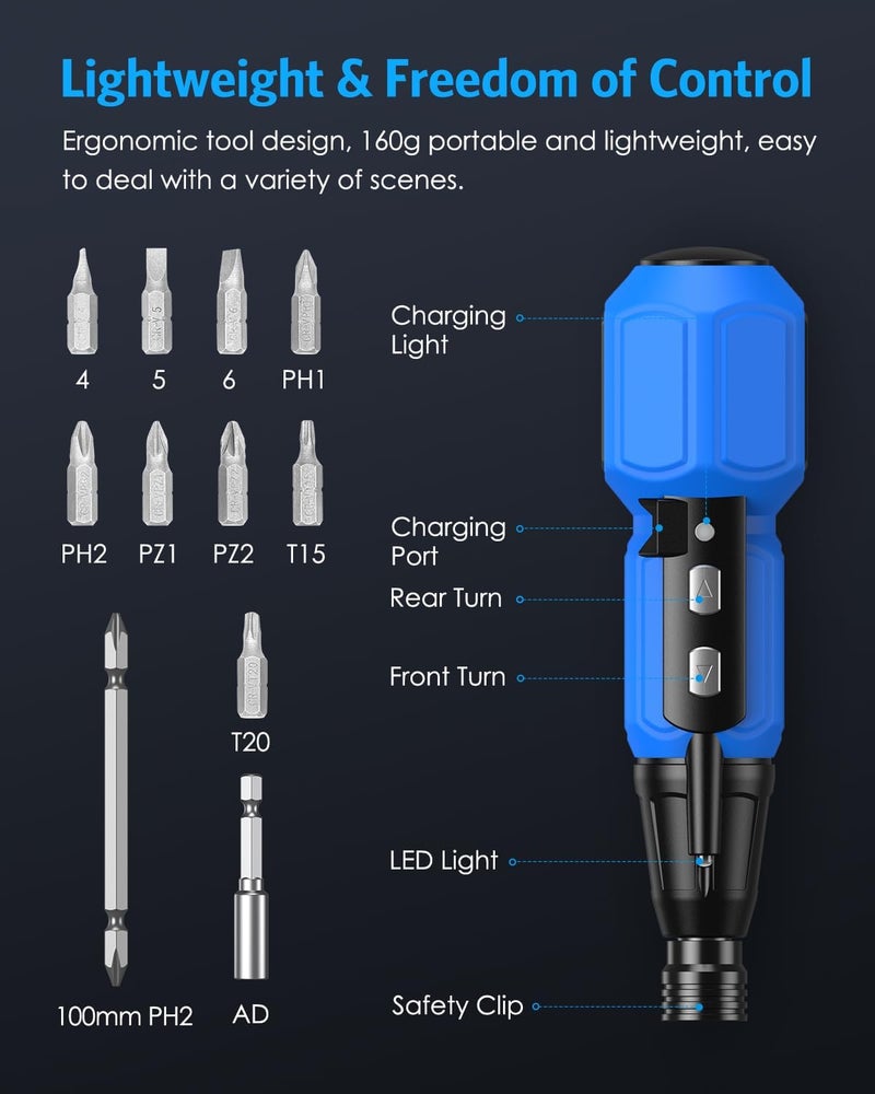 AMIR Power Screwdriver Cordless Rechargeable, Electric Screwdriver Sets, Portable Automatic Home Repair Tool Kit, Motorized Screwdriver with LED Lights and USB Cable, Blue - Image 3
